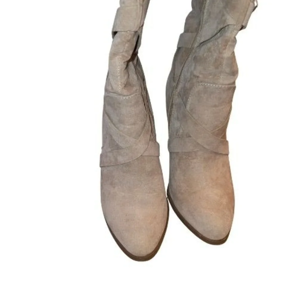 Taupe Sz 10 Faux Suede Over The Knee Thigh HIgh Strappy Stacked Heel‎ Boots